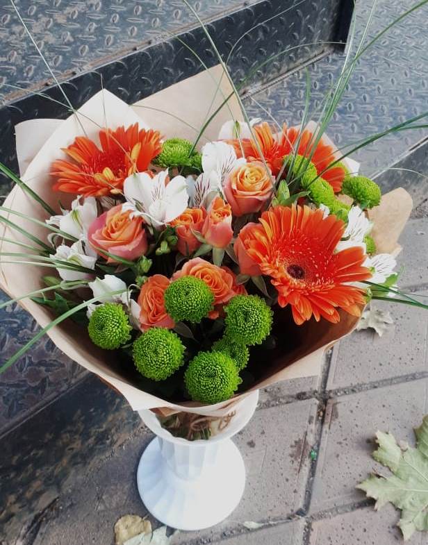 Букет цветов из: Герберы, Хризантемы, Альстромерии и Розы в Савельево