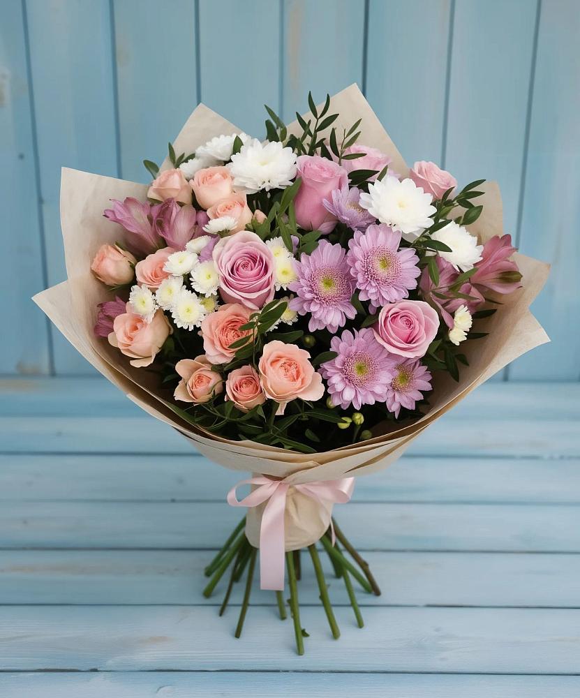 Букет цветов из: Хризантемы, Розы и Альстромерии в Савельево