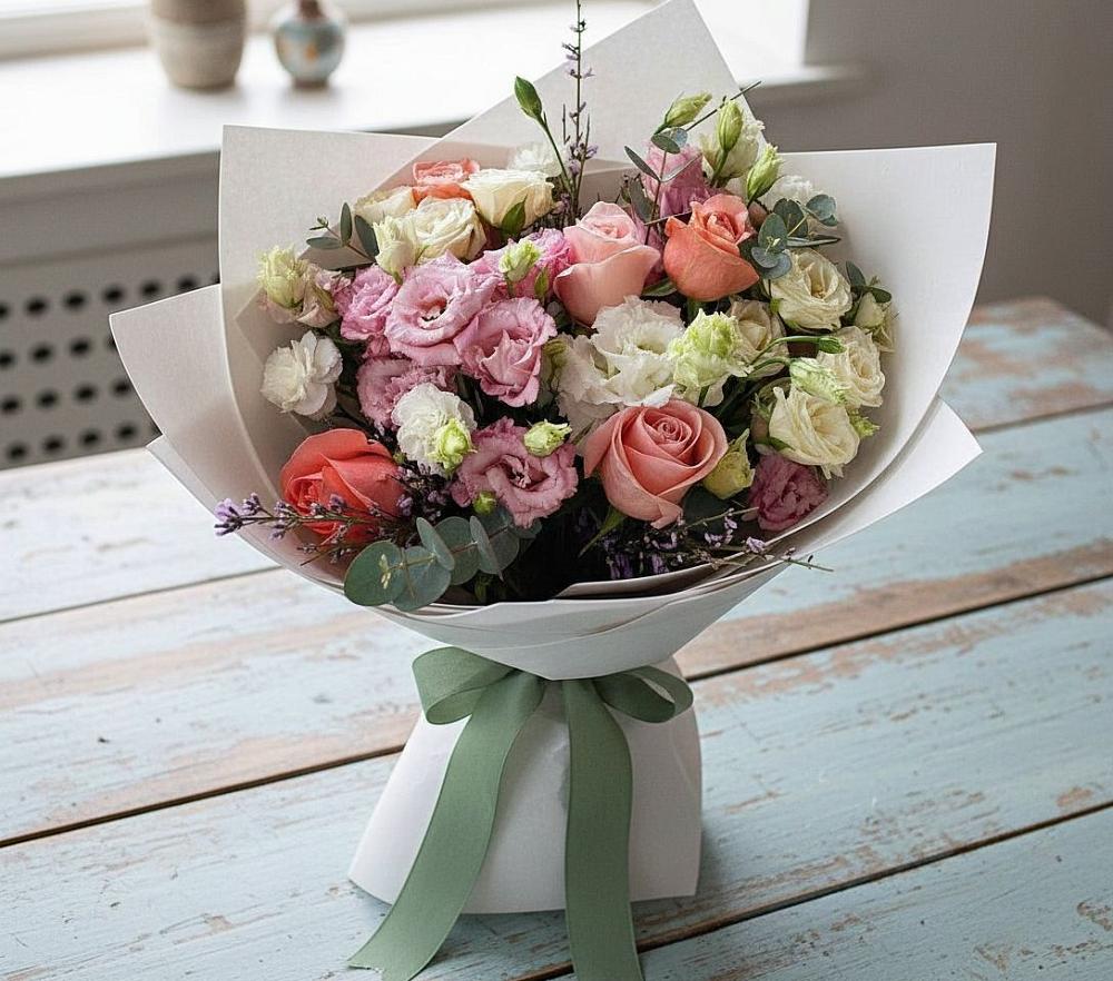 Букет цветов из: Розы, Лизиантусы и Гвоздики в Савельево