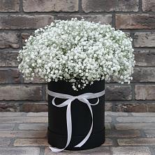 Цветочная композиция из Гипсофила в шляпной коробке в Савельево