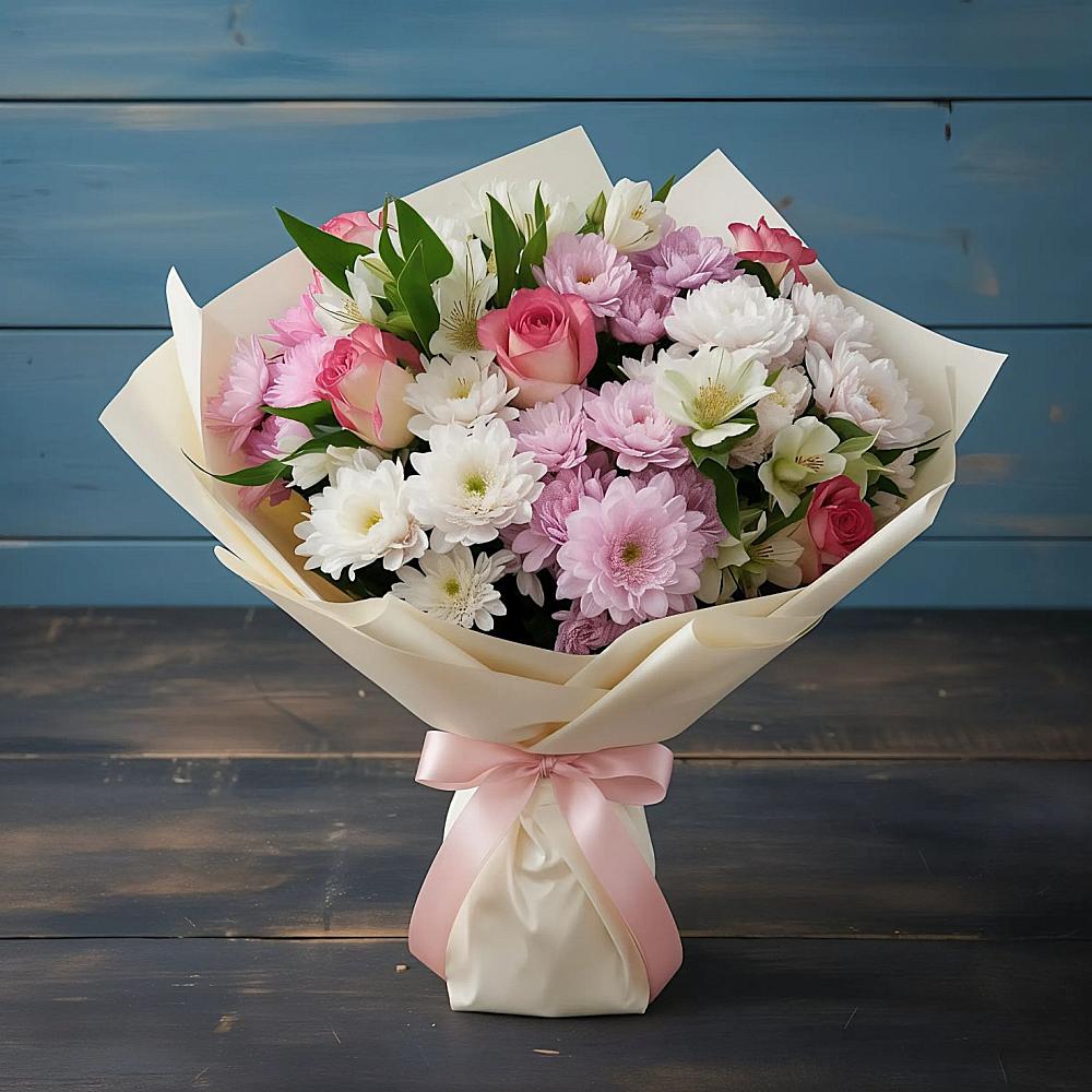 Букет цветов из: Хризантемы, Альстромерии и Розы в Савельево